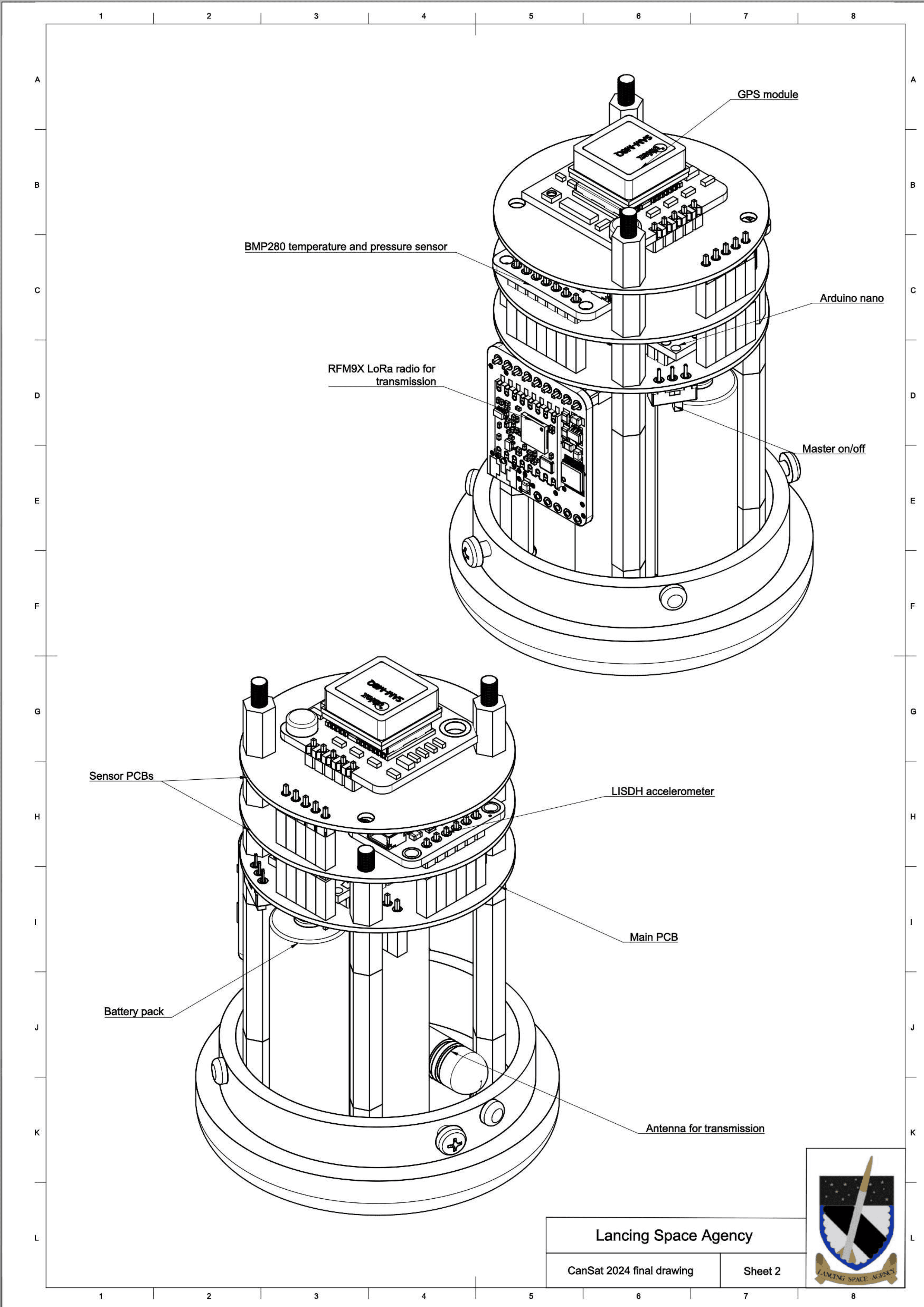 CanSat technical drawing with callouts for the GPS, BMP280, Arduino Nano, RFM9X LoRa radio, LISDH accelerometer, PCBs, battery pack, and antenna