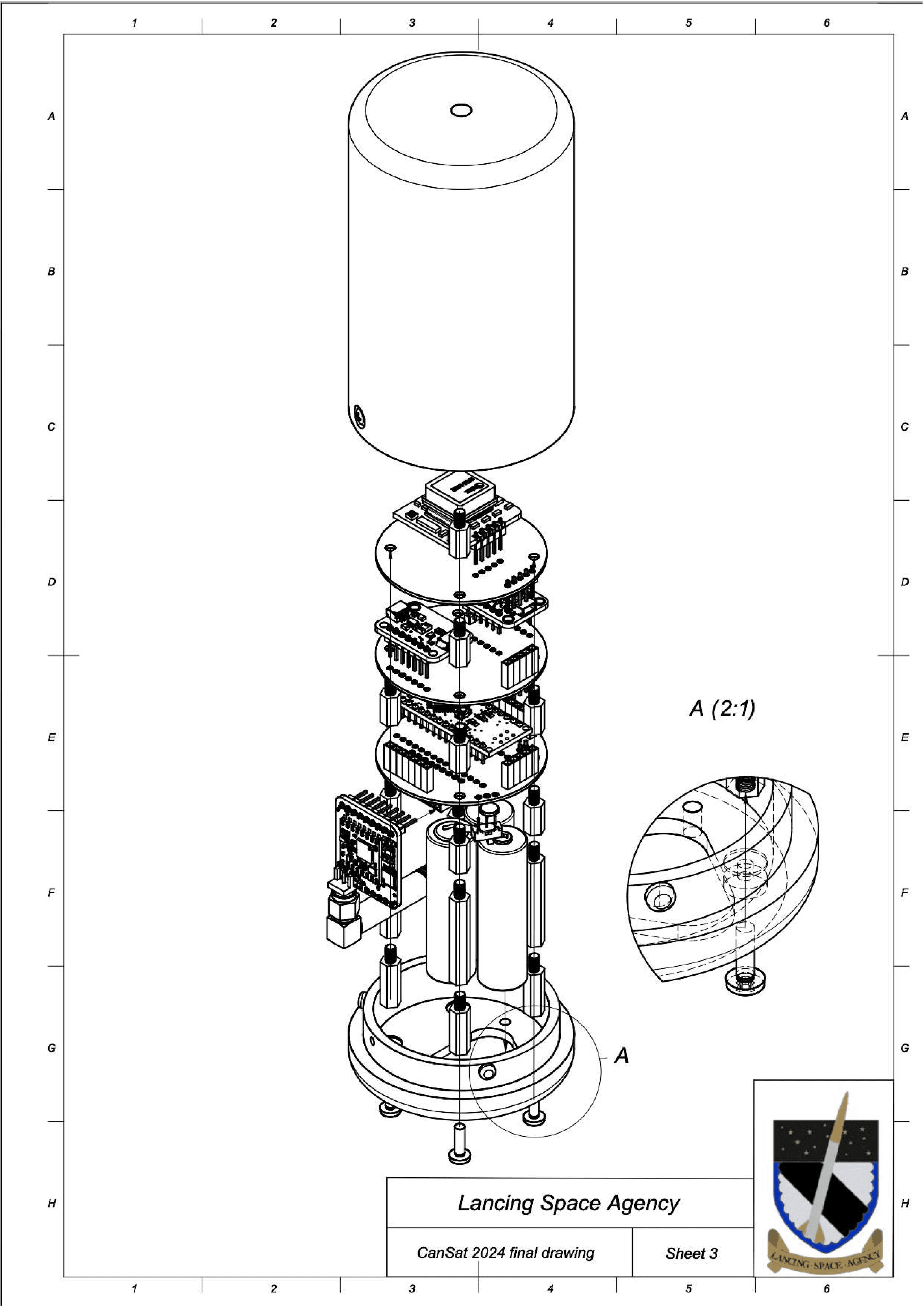 Exploded CanSat assembly drawing showing the shell, stacked electronics, battery structure, base, fixings, and detailed fastener view