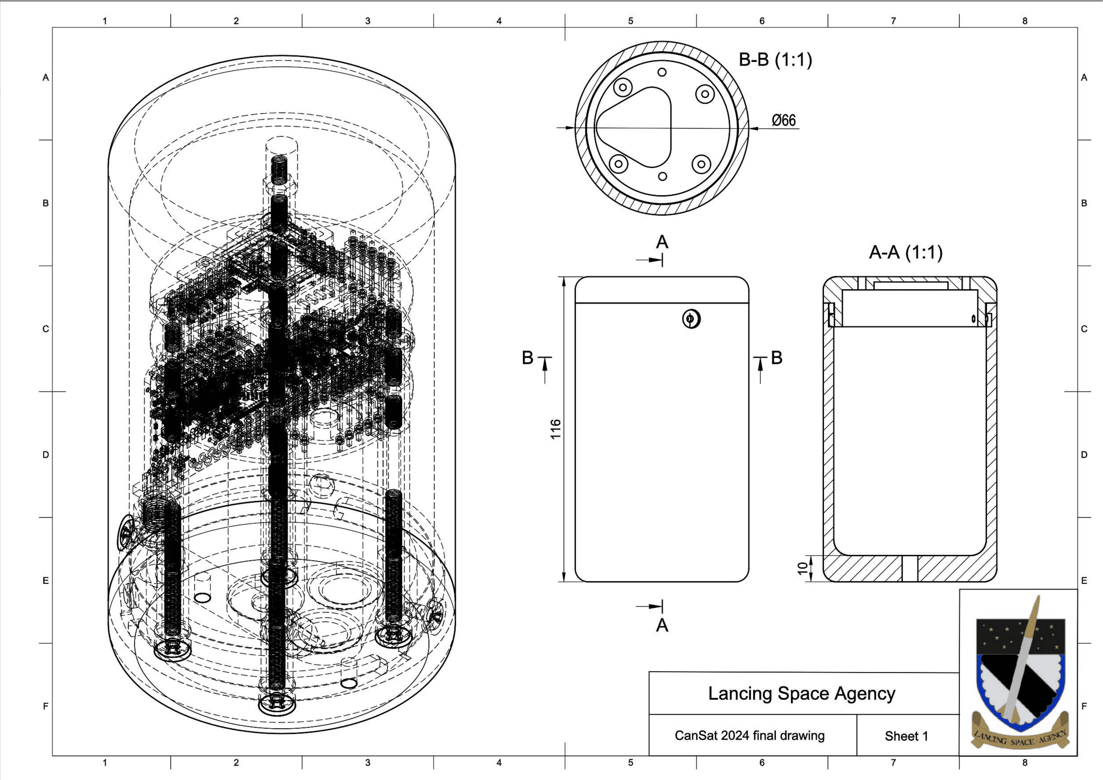 CanSat general arrangement drawing showing the assembled enclosure, internal stack, section views, and overall dimensions