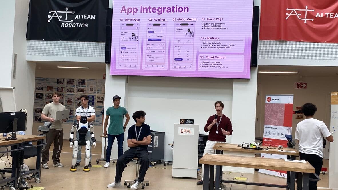 Sebastian presenting ElderBot at EPFL beneath a slide showing the mobile app home, routines, and robot-control screens