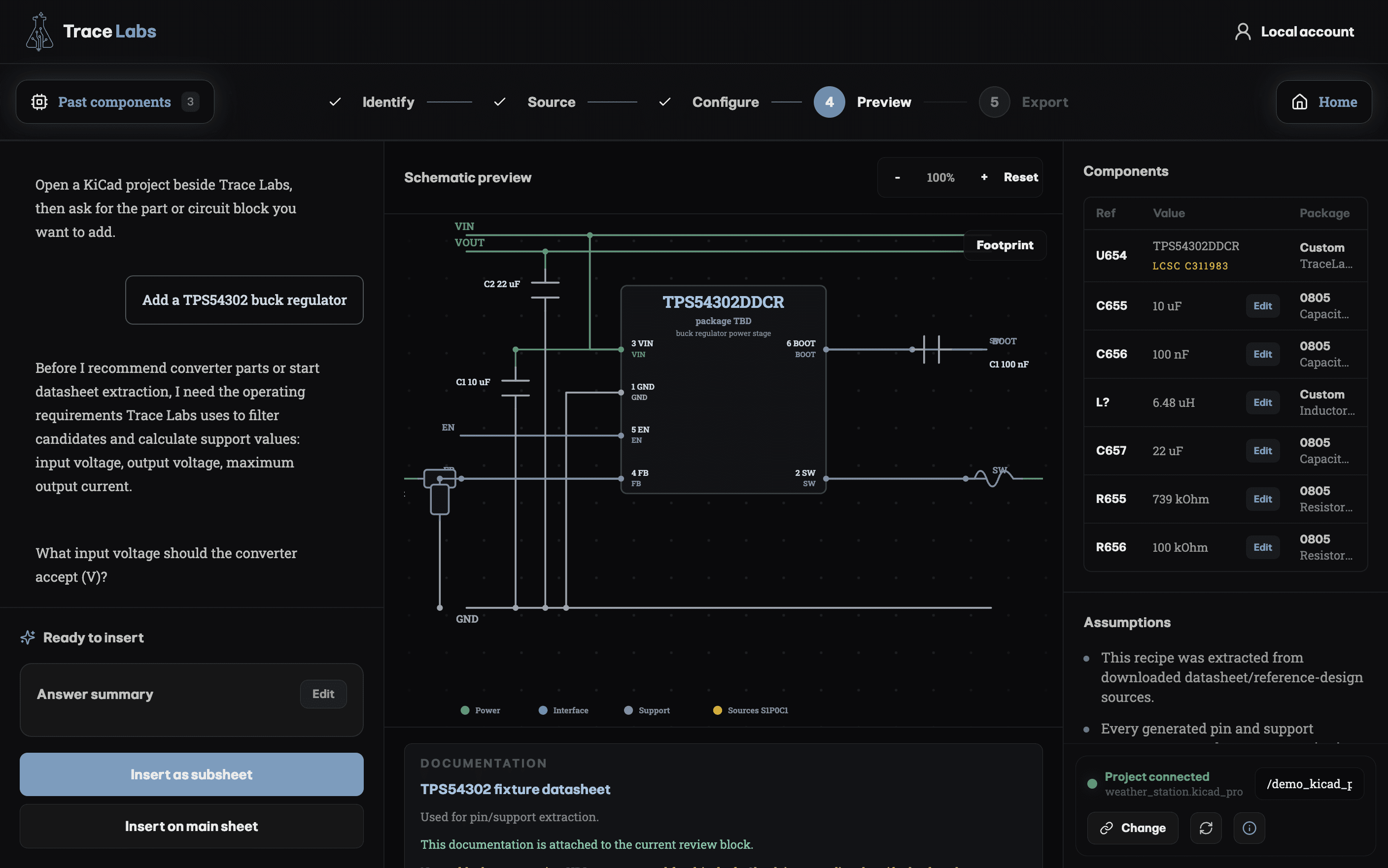 Trace Labs preview showing a generated circuit, component list and insertion controls