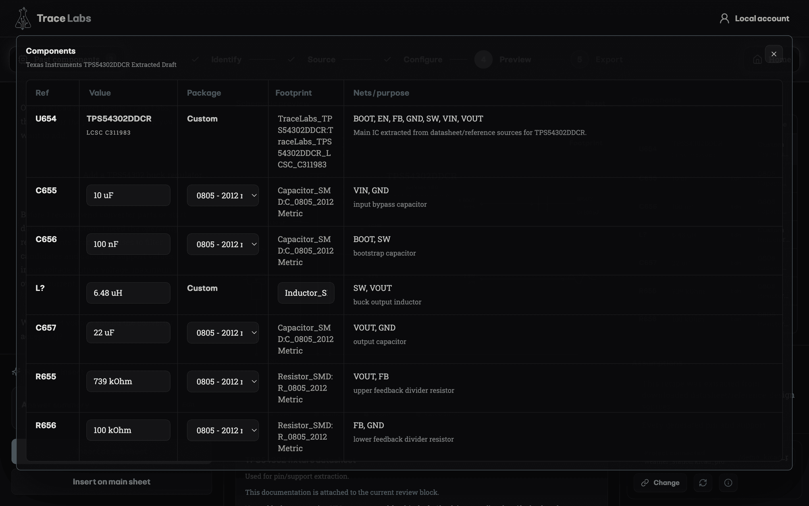 Trace Labs component review with editable values, packages, footprints and net purposes